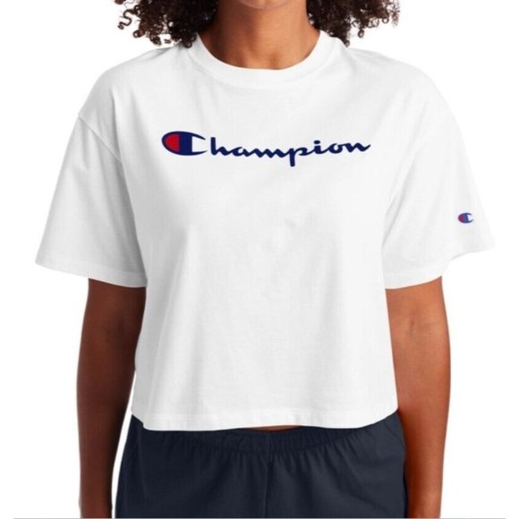 Champion Women's Script Logo Cropped Tee White‎ NWT Large - Picture 1 of 2